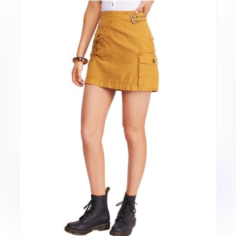 Free People Mini Cargo Skirt Women Mustard Yellow Sz 0 Casual Streetwear Edgy